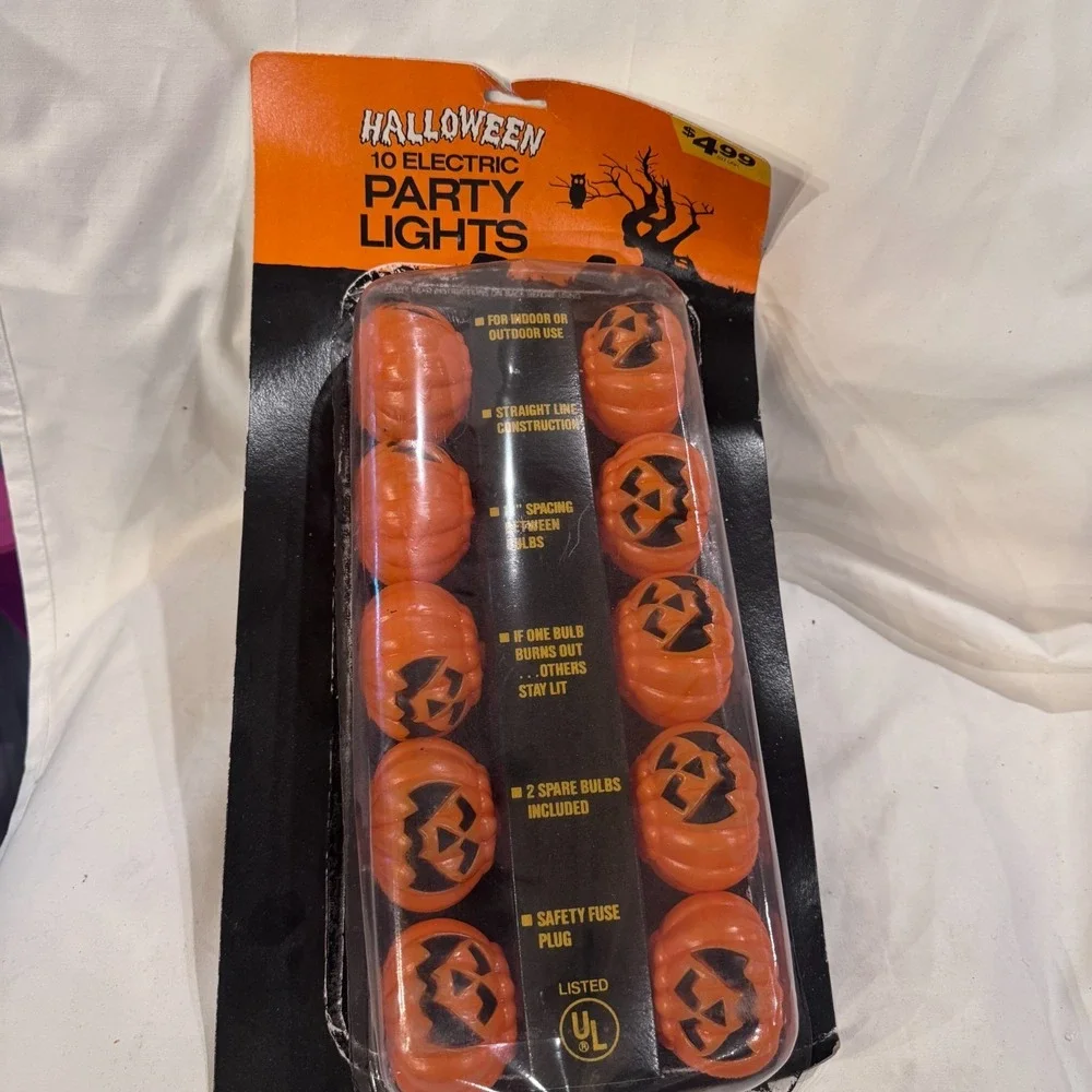 Vtg Halloween Jack O Lantern Pumpkin String Lights Blow Mold Set of 10 NEW